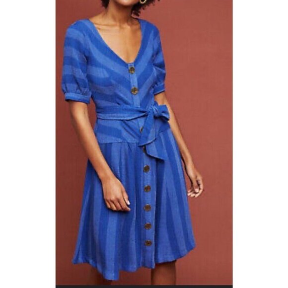 Maeve Tonal Stripe Dress Anthropologie Button Down V Neck Cobalt Blue Size 12 - Picture 1 of 11